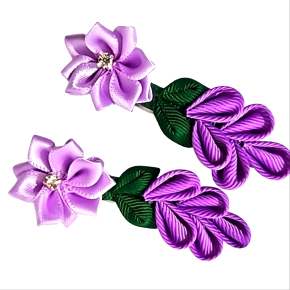 Hand Crafted Purple Barrette Hair Clip Floral Ribbon flowers purple 2- Piece set - Picture 2 of 16